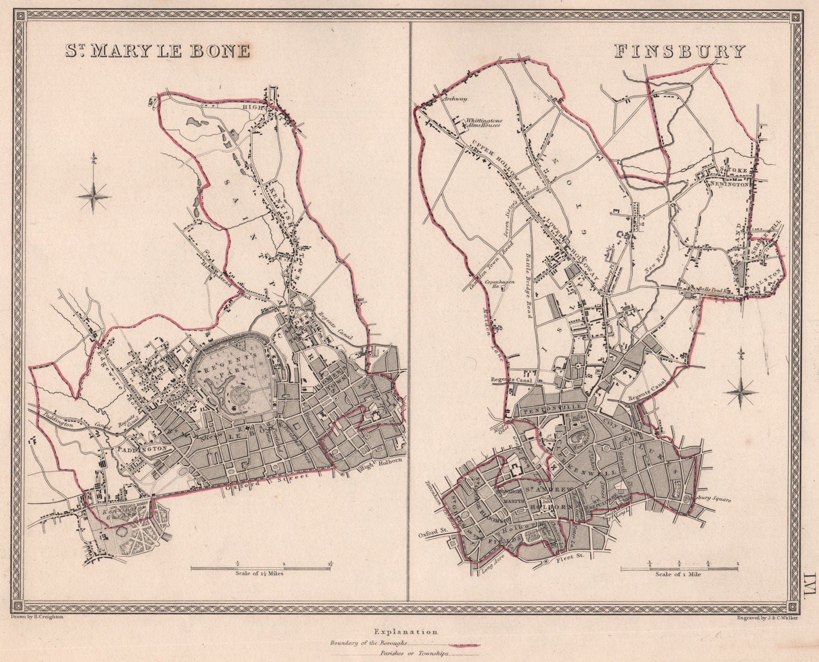 LONDON. St. Marylebone & Finsbury borough plans. CREIGHTON/WALKER 1835 old map